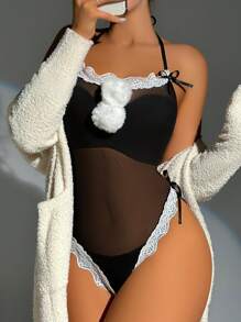 Contrast Lace Mesh Teddy Bodysuit With Detachable Strap - Black - View 5