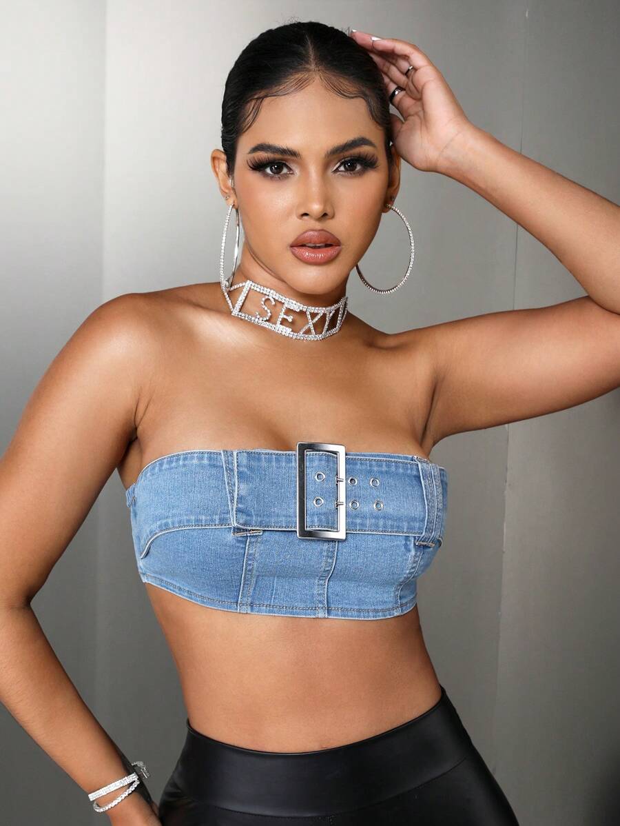 SHEIN SXY 帶扣細節抹胸牛仔上衣 - 淺色水洗藍 - 查看 1