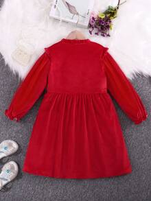 SHEIN Young Girl Frill Trim Flare Sleeve Thermal Dress With Bag - Red - View 2