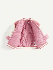 女嬰字母刺繡撞色條紋飾邊搖粒絨飛行員夾克 - 粉色 - 查看 3