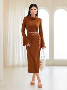 Modelyn Funnel Neck Flounce Sleeve Sweater Dress Without Belt Fall Cloth For Women - Camel - View 1