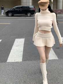 DAZY Solid High Neck Crop Sweater & Ribbed Knit Skirt,Fall Clothes - Yellow - View 10