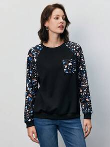 SHEIN Frenchy Graphic Print Raglan Sleeve Pocket Patched Sweatshirt - Black - View 6