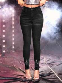Rhinestone Detail Skinny Jeans - Black - View 7