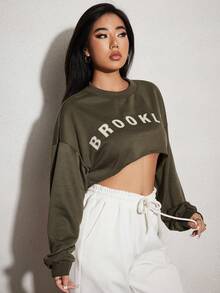 SHEIN Unity 字母圖案落肩袖短款運動衫 - 綠色 - 查看 6