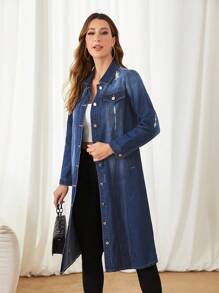 SHEIN Privé Flap Pocket Drop Shoulder Denim Coat - Dark Wash - View 1