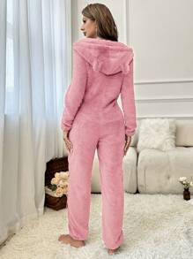 3D Ears Design Hooded Flannel Sleep Jumpsuit - Pink - View 2