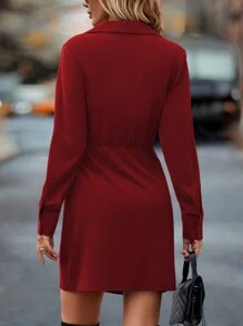 Chiquease 素色圍裹側打結襯衫洋裝 - 酒紅色 - 查看 2