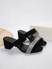 nueva llegada dorado tono punta redonda grueso tacón Mules de mujeres tacón alto Zapatillas
