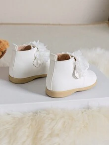 女童秋冬新款韓式英倫花卉時尚摩托車靴,甜美可愛的白色休閒踝靴 - 白色 - 查看 2