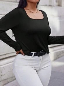 RueChic Plus Solid Scoop Neck Tee - Black - View 1