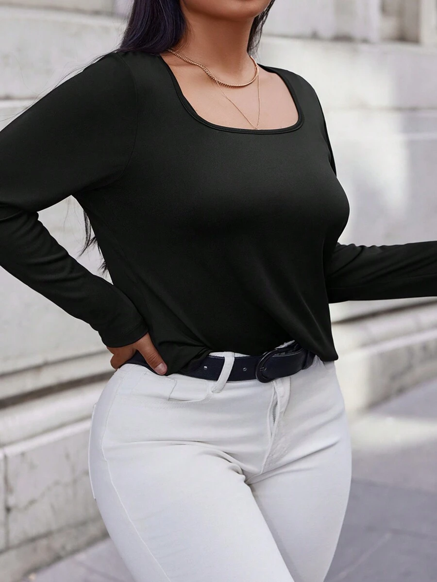 RueChic Plus Solid Scoop Neck Tee - Black - View 1