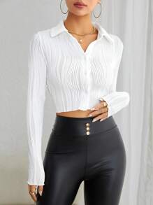 SHEIN EZwear 素色前紐扣短款T恤 - 白色 - 查看 1