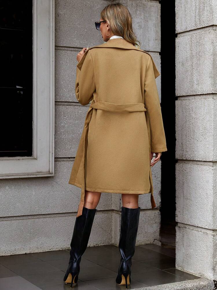 Waterfall Collar Belted Wrap Hem Overcoat