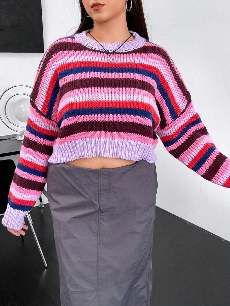 Plus Striped Pattern Drop Shoulder Crop Sweater Knit Pullover Fall Winter Sweater