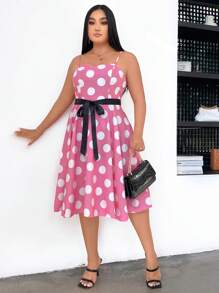 Celure Plus Polka Dot Print Belted Cami Dress - Multicolor - View 3