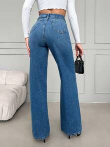 SHEIN Cottnline Ripped Wide Leg Jeans - Medium Wash - View 2