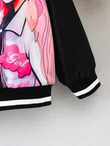 SHEIN 女小童人像圖案條紋飾邊飛行員夾克不帶T恤 - 黑色 - 查看 5