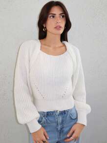 SHEIN Privé Tie Back Raglan Sleeve Sweater - Beige - View 3