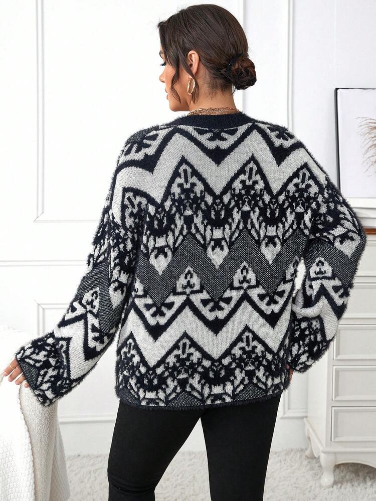 Plus Chevron Pattern Drop Shoulder Sweater