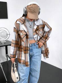 Flirla 大碼格紋印花落肩袖翻蓋口袋襯衫 - 彩色 - 查看 7