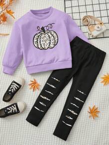 SHEIN 女小童南瓜圖案運動衫和緊身打底褲 - 紫色 - 查看 1