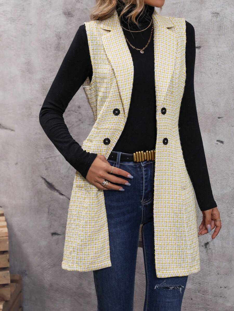 SHEIN Privé 格紋雙排釦西裝領外套馬甲
