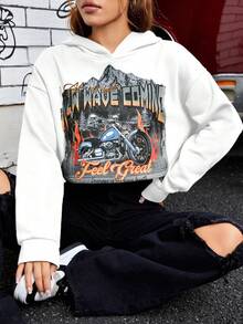 SHEIN EZwear 字母和車圖案落肩袖短款連帽衫 - 白色 - 查看 6