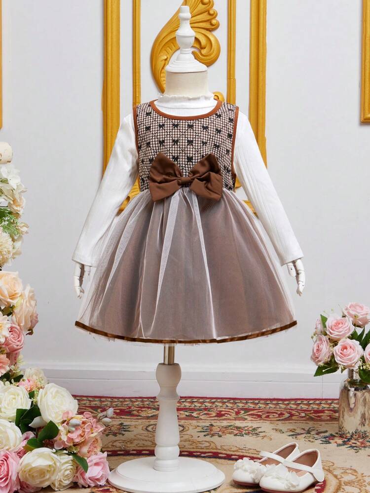 Young Girl 1pc Bow Print Mesh Hem Dress & 1pc Lettuce Trim Tee