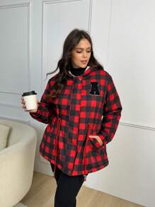 SHEIN LUNE Plus Size Buffalo Plaid Print Drawstring Waist Hooded Padded Coat - Multicolor - View 4