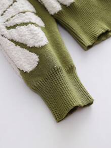 Teen Girl Floral Pattern Drop Shoulder Sweater - Olive Green - View 3