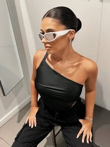 SHEIN ICON 單肩側收褶短款上衣 - 黑色 - 查看 9