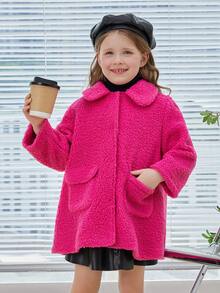 SHEIN Young Girl Flap Pocket Snap Button Up Drop Shoulder Teddy Coat - Hot Pink - View 5