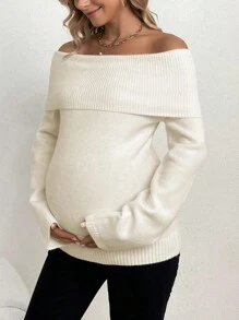 SHEIN Thai sản Gấp lại Off Shoulder Áo len - trắng - Xem 2