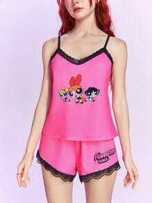 The Powerpuff Girls | ROMWE Đồ họa Hoạt hình Ren tương phản Bộ Áo Cami & Quần shorts PJ - Hồng - Xem 2