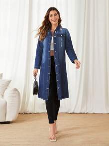 SHEIN Privé Flap Pocket Drop Shoulder Denim Coat - Dark Wash - View 6