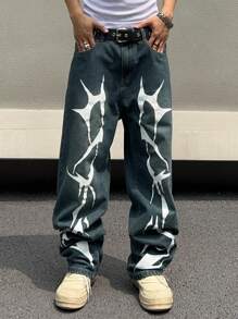 Manfinity Roghcode Jeans para hombre sin cinturón con estampado de relámpago - Azul - Ver 8