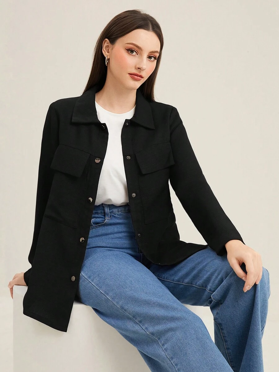 Mulvari Flap Pocket Button Front Coat - Black - View 1