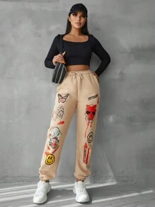 EURMUSE Cartoon & Letter Graphic Drawstring Waist Sweatpants - Apricot - View 4