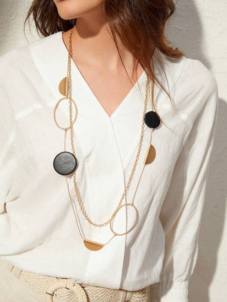 SHEIN VCAY Handmade Double Layer Geometric Long Necklace - Apricot - View 1