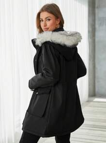 RueChic Drawstring Waist Fuzzy Trim Hooded Parka Coat - Black - View 2