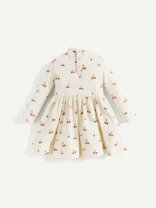 Cozy Pixies Baby Girl Cherry Print Mock Neck Smock Dress - Apricot - View 2
