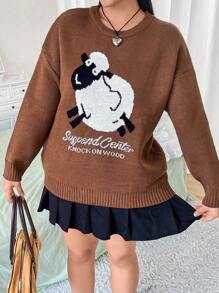 Flirla 大碼卡通和字母圖案落肩袖套頭毛衣 - 彩色 - 查看 4