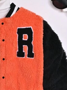 SHEIN Tween Girl 1pc Letter Patched Striped Trim Fleece Varsity Jacket - Orange - View 3