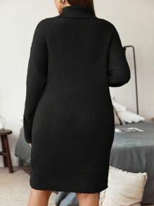 Flirla Hơn Áo cao cổ Thả vai Đầm Áo len - màu đen - Xem 2