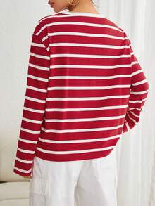 SHEIN EZwear 條紋印花落肩T恤 - 紅白色 - 查看 2