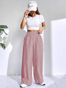 SHEIN EZwear 雙口袋闊腿褲 - 紅色 - 查看 7