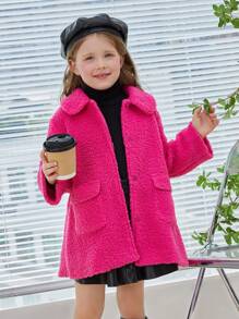 SHEIN Young Girl Flap Pocket Snap Button Up Drop Shoulder Teddy Coat - Hot Pink - View 3