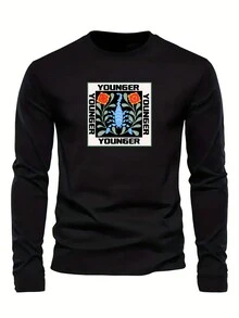 Men Letter & Floral Print Tee - Black - View 1