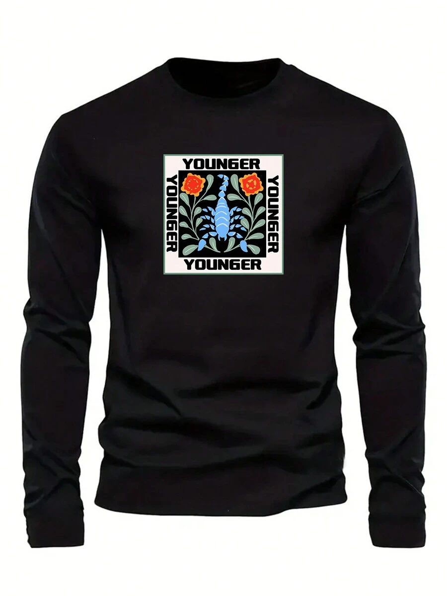 Men Letter & Floral Print Tee - Black - View 1